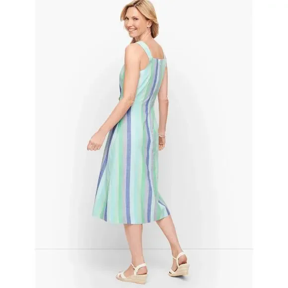 Talbots Midi Dress Beachcomber Stripe Cotton Blend Blue Green Size 12 - Picture 2 of 8